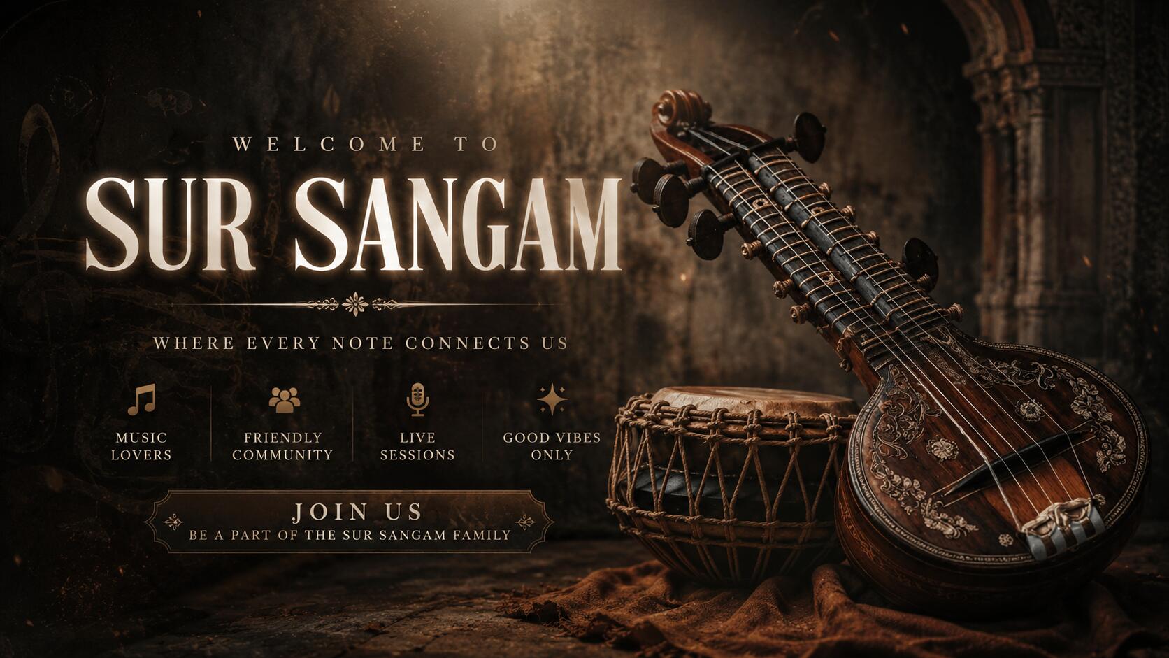 Discovery splash banner for Sur Sangam™ || Chilling Music Community • Global • Active • Vibes . Discord server